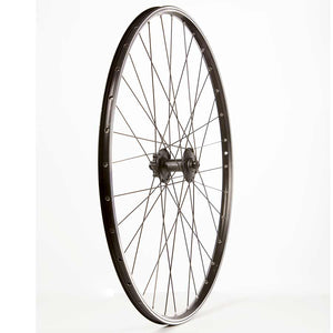 Black/ Shimano Deore HB-M525, Wheel, Front, 700C / 622, Holes: 32, QR, 100mm, Rim and Disc IS 6-bolt