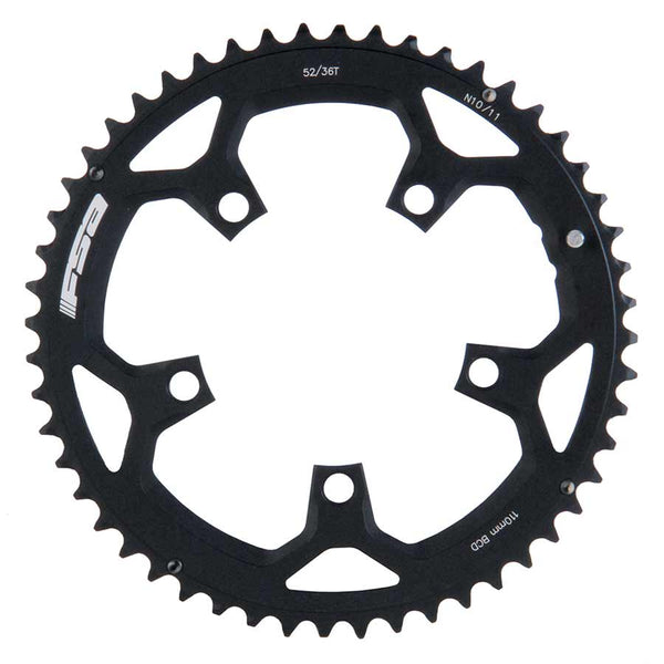 FSA, 52T, 10/11sp., BCD: 110mm, 5 Bolts, Pro Road, Outer Chainring, For Double, Aluminum, Black, 371-0252H