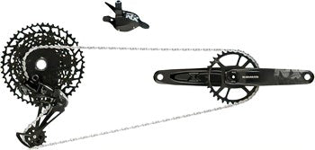 SRAM NX EAGLE DUB GROUPSET (REAR DER, TRIGGER SHIFTER W CLAMP, CRANKSET DUB 12S W DM 32T X-SYNC CHAINRING, CHAIN 126 LINKS 12S,CASSETTE XG-1230 11-50T, CHAINGAP GAUGE): BLACK 175MM